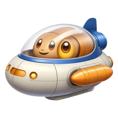 Design a simple, capsule-shaped spaceship with a smooth surface. Add a friendly 'face' on the front, using glowing lights for eyes and a curved line for a smile. Keep the design minimalistic and give it a playful personality. Use a plain background. sticker