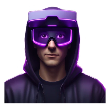 Russian man wearing a black hoodie with "OMG" letters on it and VR headset in a cyberpunk VR environment with violet neon lighting. sticker