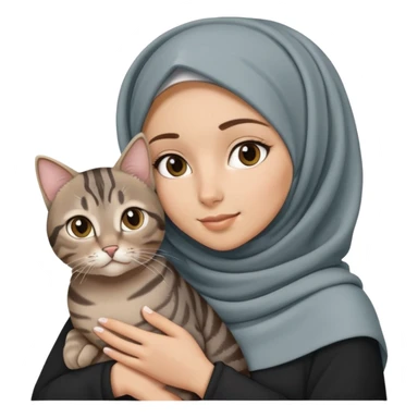 White girl wearing hijab holding a black grey tabby cat sticker