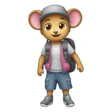 Raton estilo animado, de color gris, paras y brazos largos, nariz rosada pequeña y abdomen blanco, caracterizado como un estudianre preescolar, con mochila y tomado de la mano de su mamá  sticker