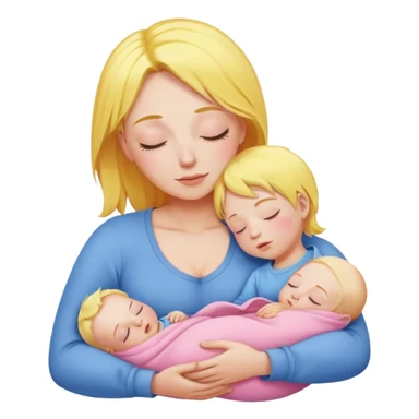Mother is holding a baby, the mother has yellow hair and pink clothes, the baby is sleeping in blue clothes sticker