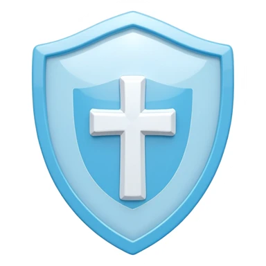 A cute 3D render icon of a protective shield. Rounded edges, plump, glossy plastic material. Sky blue and white color palette. A subtle, soft white cross or heart symbol embossed in the center. Clean studio lighting, soft shadows. Isolated on a light pastel background. Minimalist design. sticker