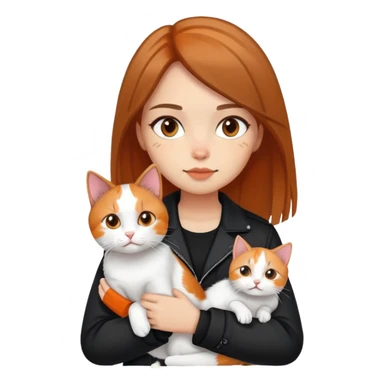 Light-skinned girl with brown straight hair wearing a black jacket, holding one pure white cat and one calico cat with orange black patches sticker