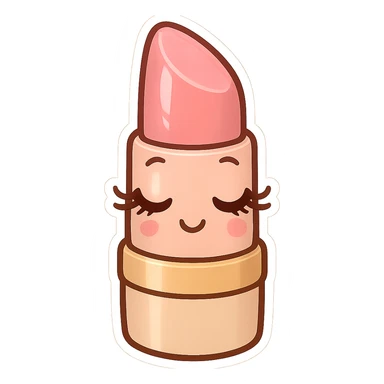 chibi sticker-style lipstick with a girly face, long eyelashes, pink color, cute and exaggerated sticker