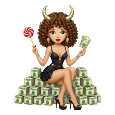 seductress evil brown curly haired sexy drug lord woman with clear glittery platform heels on her feet and horns on her head, holding a stack of cash and a lollipop in her mouth sticker