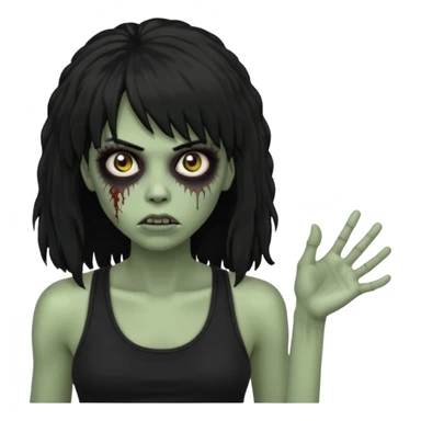 a female zombie with sage green skin, black long afro afro hair with bangs, and a black tank top  sticker