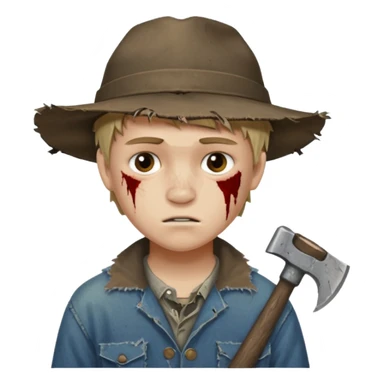 13 y/o Brian robeson at the beginning of Hatchet
distressed, has hatchet, small scratches(no bleeding type) on face, no blood on hatchet sticker