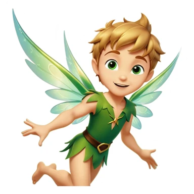 cinematic-realistic-peter-pan-portrait, head tilted dramatically with an exaggeratedly amused expression and sparkling eyes brimming with playful mischief, his iconic outfit rendered in vivid detail with dynamic shadows, soaring through the air flying next to a glowing Tinker Bell, whose delicate wings leave a trail of shimmering pixie dust across a whimsical sky. sticker