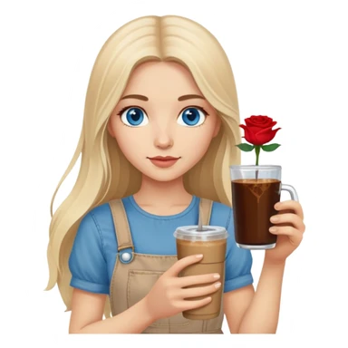 Turkish beautiful finish Konya girl long blonde hair and blue eyes with beige denim dress and had on her hand Rose Cold brew coffee   sticker