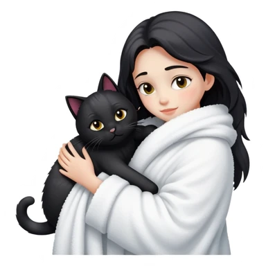 A fair-skinned girl, who has just taken a shower, is wrapped in a blanket and hugging a black cat sticker