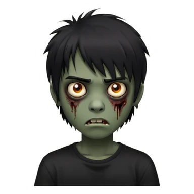 Boy, zombie, black hair, medium long, emo, shaggy, dark, spooky, creepy expression, fringe approximately to the eyebrows height, with Black t-shirt  sticker