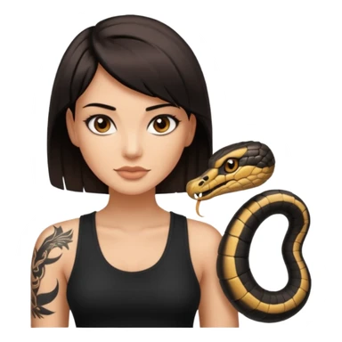 Femme brune yeux marron avec une coupe carré noir qui descend sur l'épaule , femme couleur de peau un peu bronzé mais pas metisse, avec un cobra a côté , débardeur noi , avec un tatouage sur le bras droit sticker