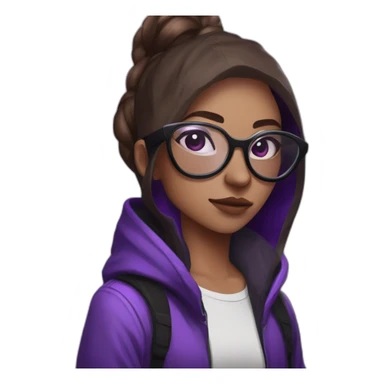 Girl broun artist with round glasses left side behind his laptop with this style: valorant riot Game purple character purple black hooded hacker themed character sticker