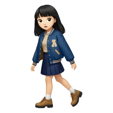 hair : black long hair with fringe (almost waist length) 
skin : light 
outer : deep brown varsity jacket (oversize) 
skirt : navy long long skirt (under knee, close to toe)  
motion : walking alone 


 sticker