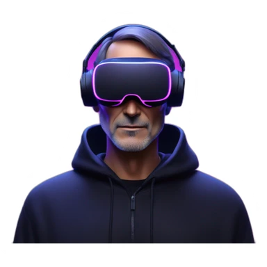 Steve Jobs wearing a black hoodie with "OMG" letters on it and VR headset in a cyberpunk VR environment with violet neon lighting. sticker