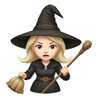 angry faced witch flying on a broom sticker