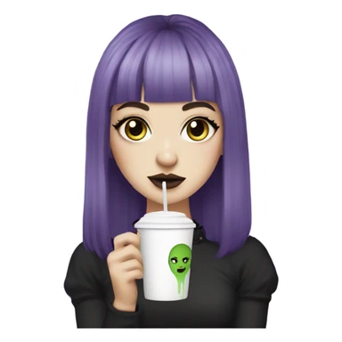 goth white girl with eyeliner, mid length, purple hair, bangs holding a cup of iced matcha   sticker
