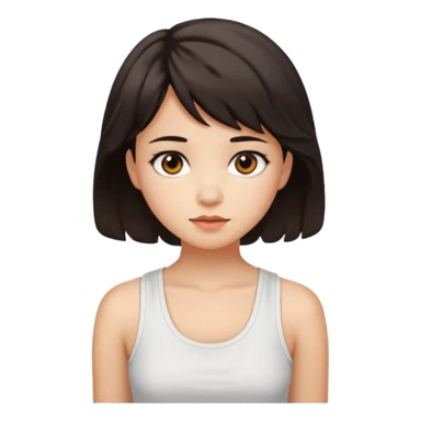 A pretty girl with dark brown eyes and short wavy dark hair with short side bangs and a neutral expression, with chinita skin and a white tank top(not sleeveless)emoji sticker