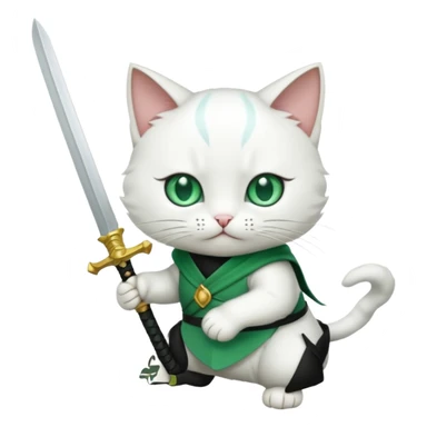 un gato blanco con reeferencia a rororoa zoro "una espada en cada mano y una en la boca" sticker
