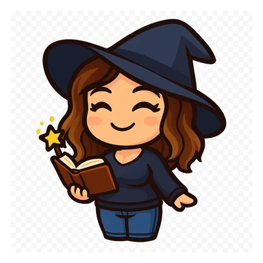 Create a chibi emote of a woman from the reference images with a slightly skinnier body and bigger chest, wearing a navy blue sweater and blue jeans, wearing a wizard hat and holding a magic book, cute magical face, no headband, no wand, no green heart, transparent background, and top color not matching jeans, matching the attached green heart emote as a base style. sticker