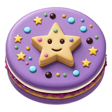 a pastel purple sandwich cookie with soft crumbly texture, a star-shaped jam cutout in the center showing glossy dark berry filling, and creamy filling with colorful sprinkles. Minimal emoji style, smooth shading, high detail, centered object, no background, sweet playful vibe sticker