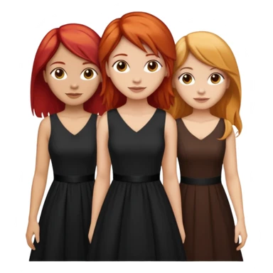 Can you create an image of 3 friends together one with red bright hair light skin one the other with brown hair with some blonde highlights in the hair fair skin the last one with light brown a tint of orange hair and black long hair with brown with dresses dark hair on one of the girls  sticker