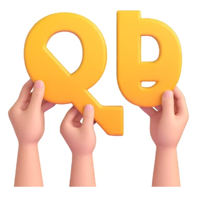 multiple hands holding the letters Q, & and A respectively, in 3D emoji style, three-dimensional and lively, no background sticker
