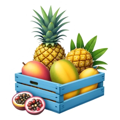 pineapples, mango and passion fruit in a blue crate sticker