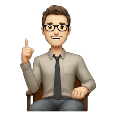 Joyful Celebrating victory Hands up Pale skinned Fit Man With dark brown hair in gray jacket, beige office shirt, Brown pants and vintage glasses sitting In a soft chair sticker
