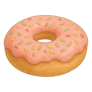 A donut with sprinkles in Ghibli style, detailed, soft pink colors, with no background sticker