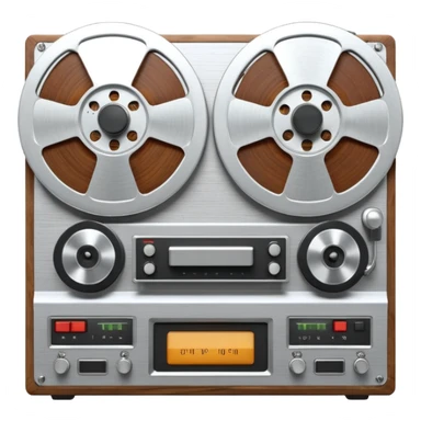 3D render of Reel-to-Reel, vintage 1980s audio equipment aesthetic, tactile analog buttons, silver metallic face with two large brown magnetic tape wheels, mixed wood grain and brushed aluminum textures, Apple emoji style, isolated on white background --v 6.0 sticker
