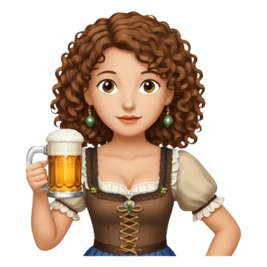A white woman with brown, shoulder-length curly hair and brown eyes she is wearing a dirndl and holding a beer stein sticker