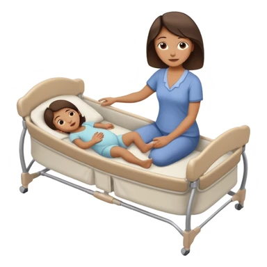 a mom laying down in a “C” position laying close to the she of the bed by her daughters bassinet while still trying to reach far back with her foot to touch her husband  sticker