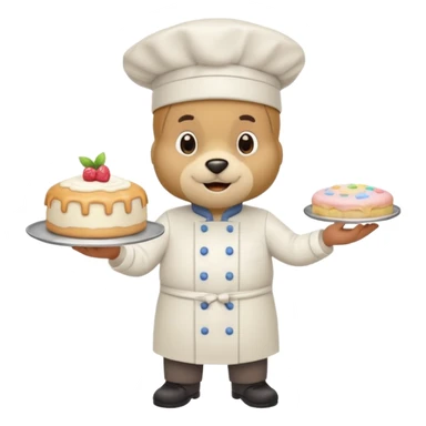 quiero un oso de pie con un delantal de pasteleria y un jorrito de chef que una mano tenga una manga oastlera sticker
