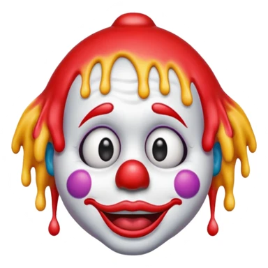 melting clown emoji blending melting face and clown features, drooping face, clown wig, big red nose, expressive eyes, vibrant colors, emoji style sticker