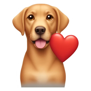 Red Labrador holding a heart sticker