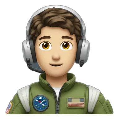 A young white male tennager with dark brown hair and brown eyes in a pilot suit and wearing a green Pilot headset sticker