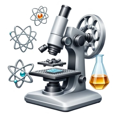 An icon featuring two-ocular electron microscope, a metal alloy, atomic structure symbols, a crystal structure. The design includes different materials like metals, ceramics and polymers, alongside a stamp representing testing and quality control. Transparent background sticker