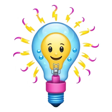happy lightbulb emoji with a spinning atom inside, floating chemical bubbles, and a small lightning bolt on top, vibrant colors yellow, neon blue, bright pink, conveying energy, creativity, and fun science sticker