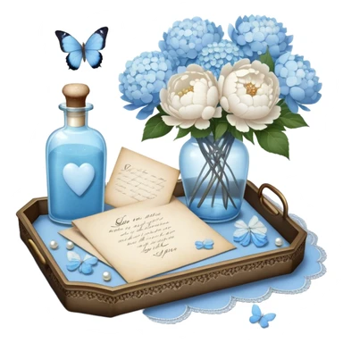 On a lace-trimmed tray rests an ornate glass bottle filled with a soft blue love potion, next to an aged love letter sealed with a wax heart. A delicate pearl butterfly gently perches on the edge of the envelope, while petals of white peonies and pale blue hydrangeas are scattered around. sticker