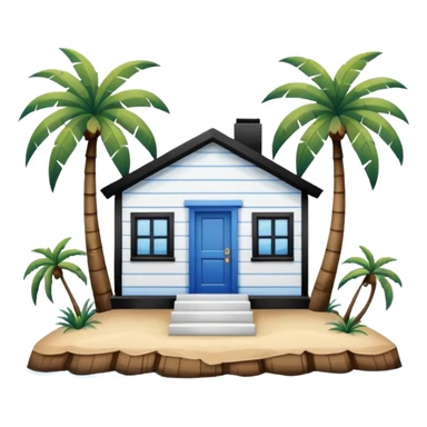 A square white and blue stripe house horizontally with wooden door on a island with palm trees sticker