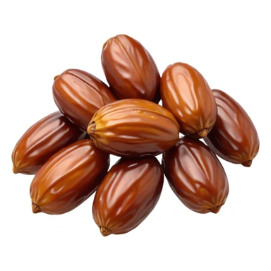 cluster of dates, glossy brown, wrinkled texture, plump, natural variation in shape and color, no plate, packaging, or faces, clean 3D, soft lighting, emoji scale sticker