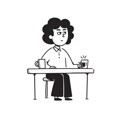 Office boss sitting at desk with coffee mug, looking authoritative sticker