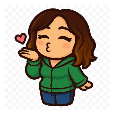 Sticker style chibi emote, matching the attached green heart emote as a base, but with a slightly skinnier body and a bigger chest. Woman from reference, mint green sweater and blue jeans, blowing a kiss, cute flirty face, no headband, no wand, transparent background. Top color should not match jeans. sticker