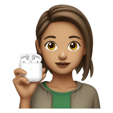 Girl with brown hair, brown eyes, put AirPods in her ears and also a matcha  sticker