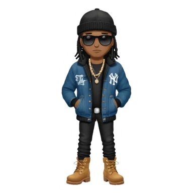African American man with shoulder length black dreadlocks with black bead wearing black sunglasses with wearing denim skinny jeans wearing black bubble winter coat wearing black New York Yankees baseball hat and  timberland boots with arms folded sticker