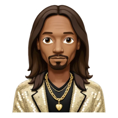 Snoop Dogg with long dark brown hair, ivory sequin jacket, black shirt with necklace sticker