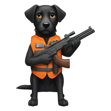 black dog holding a shotgun wearing a orange vest sticker