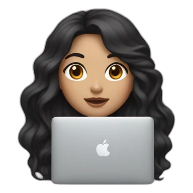 Korean girl with long and wavy black hair in front of her macbook, face a bit more white sticker