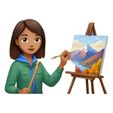 Brunette Artist painting a beautiful autumn mountain peak destination on canvas sticker